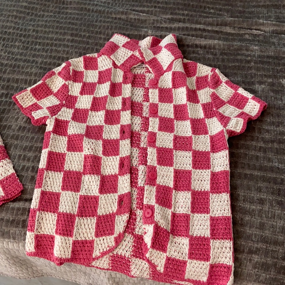 White and pink white checkered button down